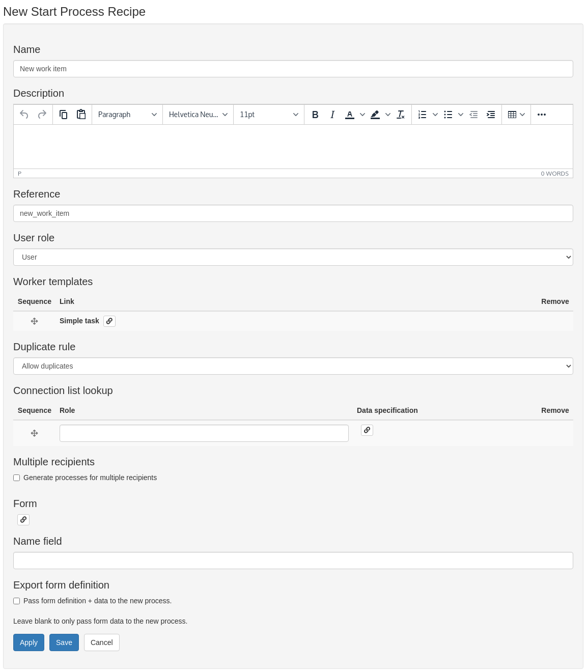 Create the start process recipe