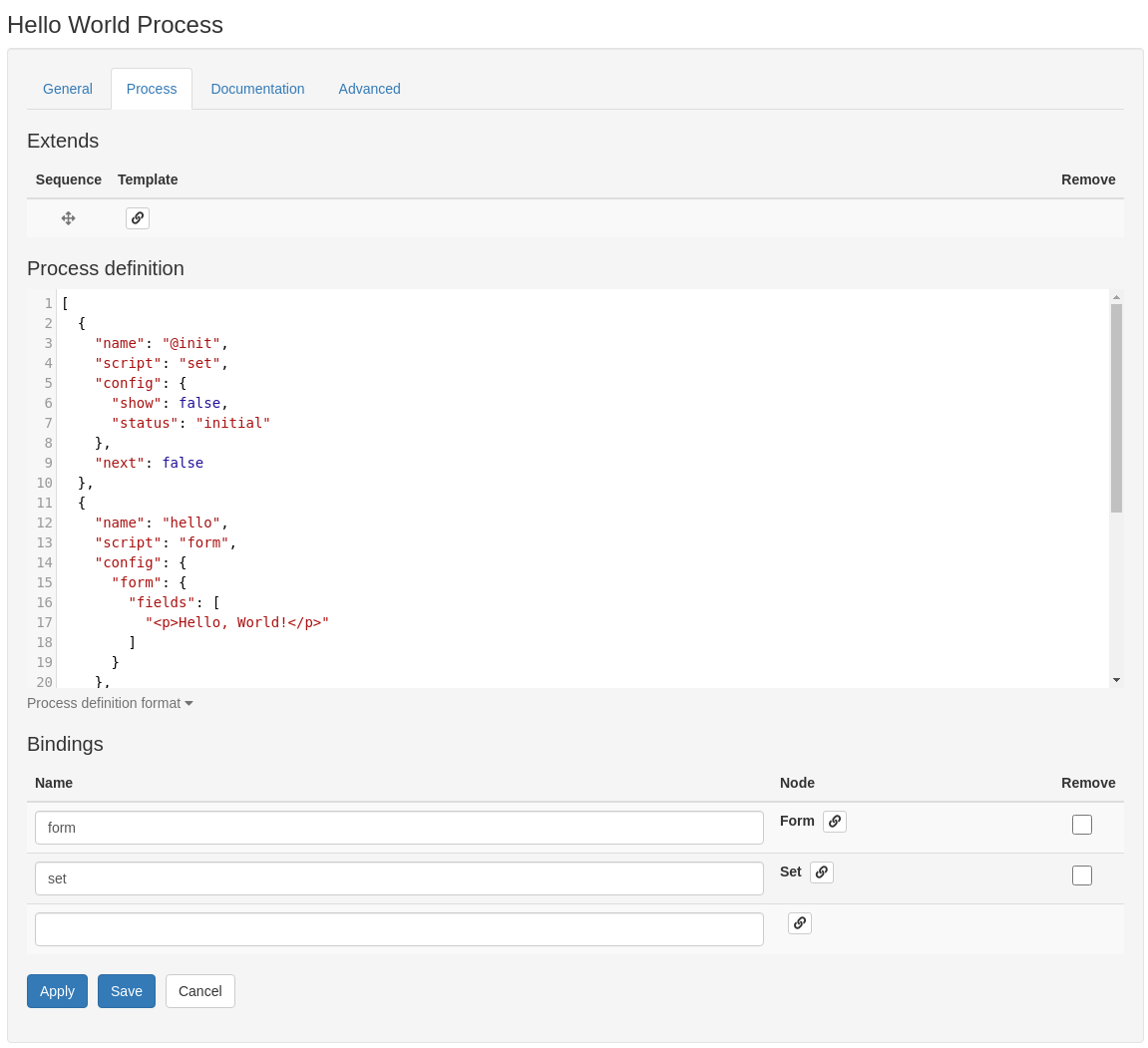 Setting up a process manually using JSON