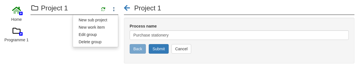 Creating a new work item from the project menu